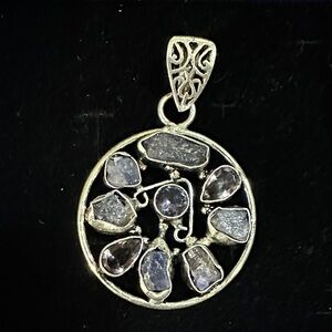 Rough Blue Kyanite Pendant with Purple Gemstones